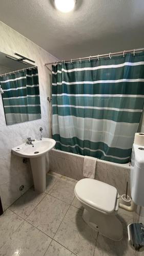 a bathroom with a sink and a toilet and a shower curtain at Hotel JSF in Horta