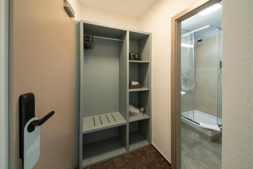 a bathroom with a walk in shower next to a glass door at Boutique Hotel Prokopovka 34 in Pilsen