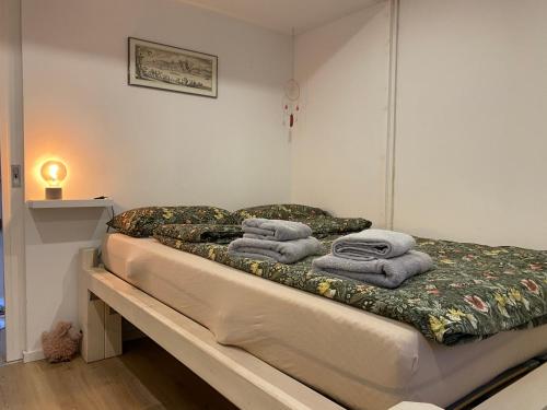 ein Bett mit Handtüchern darauf in einem Zimmer in der Unterkunft BaumbergIdyll in Billerbeck