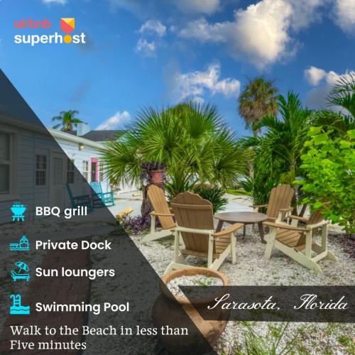 a flyer of a patio with chairs and a table at Walk to the beach - Island Villa in Siesta Key