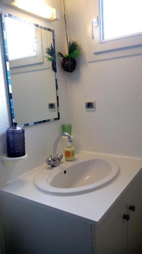 a white sink in a bathroom with a mirror at Les Clés Nature Studio 41 in Moutiers-sous-Chantemerle