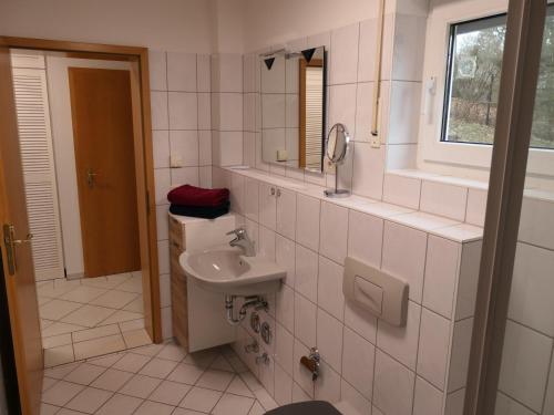 a bathroom with a sink and a toilet and a mirror at Ferienwohnung Doris in Schmalkalden