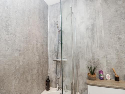 a shower with a glass door in a bathroom at Red Brick Haven in East Cowes