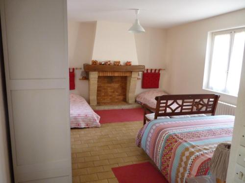 a bedroom with two beds and a fireplace at Gîte de la Grosse Planche in Férolles