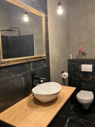a bathroom with a bowl sink and a toilet at Apartament Kołobrzeska in Piła