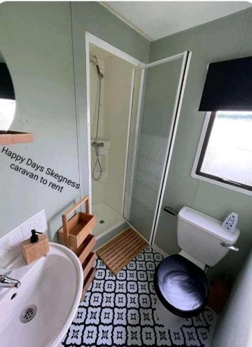 a bathroom with a toilet and a sink and a shower at 6 berth static in Skegness in Chapel Saint Leonards