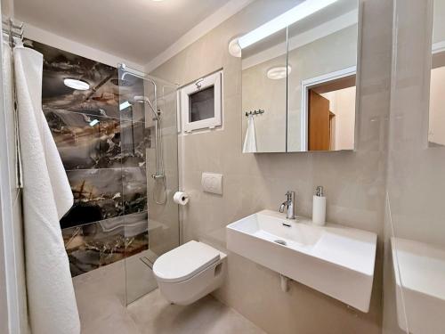 a bathroom with a sink and a toilet and a mirror at Apartments Srdoc in Šilo