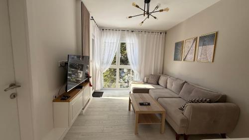 a living room with a couch and a tv at Apartmani Berg in Pale