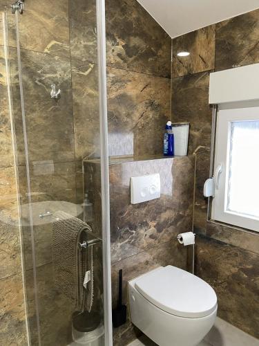 a bathroom with a toilet and a shower at Soltauer Bleibe in Soltau
