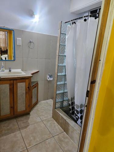 a bathroom with a shower and a sink at Corosol Apartments in Roseau