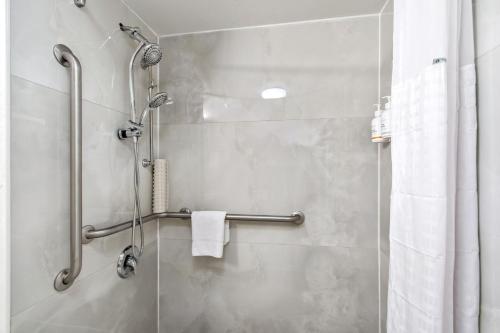 a bathroom with a shower with a shower curtain at Ramada by Wyndham Temple Terrace/Tampa North in Tampa