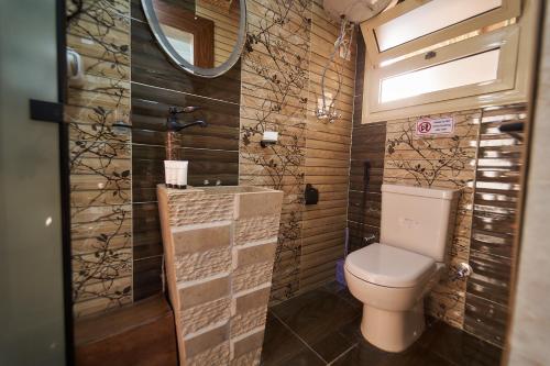 a bathroom with a toilet and a mirror at Giza Pyramids& GYM View in Cairo