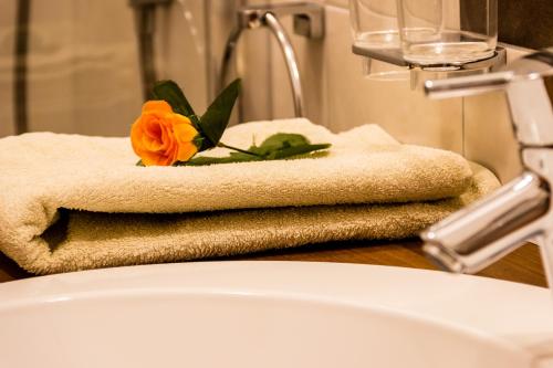 a towel with a flower sitting on top of a sink at Ferienwohnung Abraham in Nauders