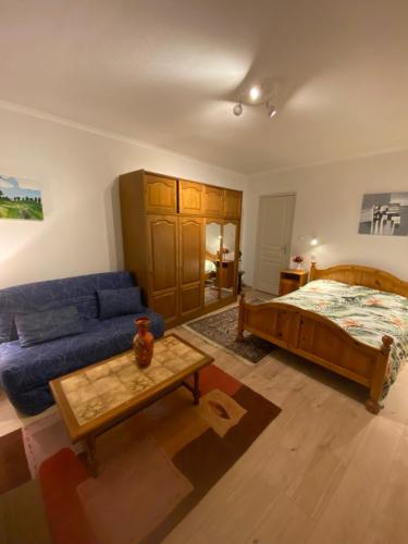 a living room with a bed and a blue couch at Appartement Kylie in Néris-les-Bains