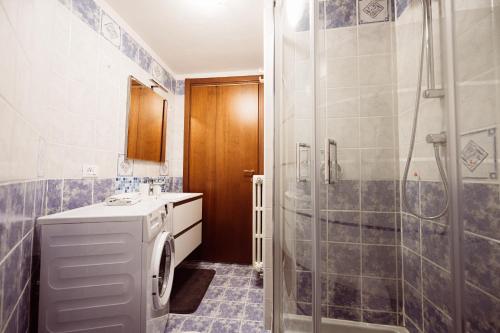 a bathroom with a shower and a washing machine at Ca' del Giuli in Maslianico