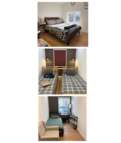 two pictures of a bedroom and a living room at Modern East London Apartment with Private Studio & Guest Rooms-Near Bow, Victoria Park in London