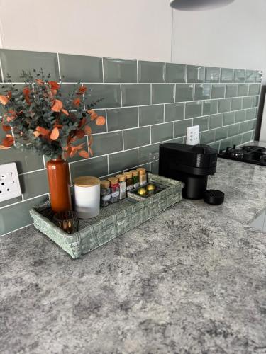 a kitchen with a counter with a vase and flowers at Joba-Rus in Bloemfontein