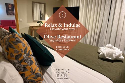 a sign that says relax and inclusive elevate your stay olive restaurant signature dinners at BE ONE HOTEL Caldas da Rainha - by MHMB Hospitality in Caldas da Rainha