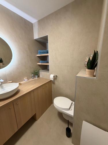 a bathroom with a white toilet and a sink at Appartement Eléa, Vue sur Mer, T1 sur Fréjus à 150m des plages in Fréjus
