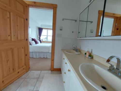 a bathroom with a sink and a mirror and a bed at Panoramic Sunrise House in Terence Bay