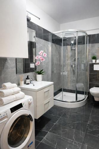 a washing machine in a bathroom with a shower at Cozy space in Iaşi