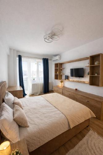 a bedroom with a large bed and a television at Cozy space in Iaşi