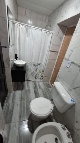 a bathroom with a toilet and a sink at Sisters Place in Guaymallen