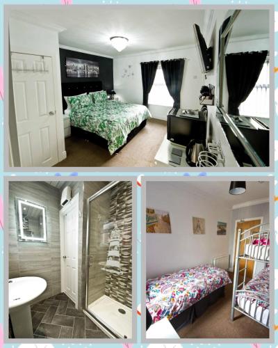 two pictures of a bedroom with a bed and a bathroom at Rossall Guest House Blackpool-Ideal For Families & Couples in Blackpool