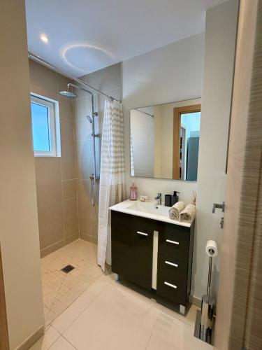 a bathroom with a sink and a shower with a mirror at Villa Ar Mor - Oceanfront pool & Saint-Barth view Oyster pond in Saint Martin