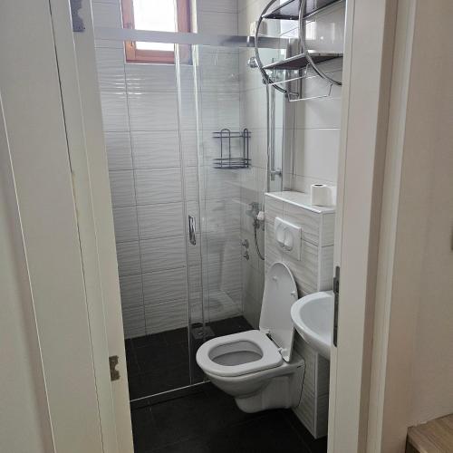 a white bathroom with a toilet and a sink at IMAGINATOR RESIDENCE-Pool is extra pay- Parking 2 free space in Novi Sad