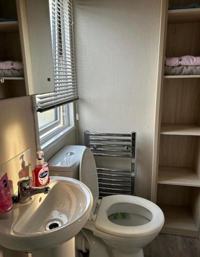 a small bathroom with a toilet and a sink at Caravan by the beach in Kinmel Bay