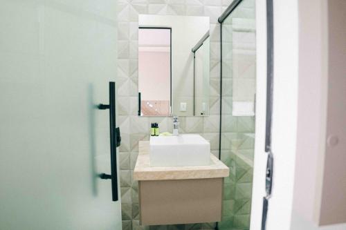 a bathroom with a sink and a mirror at Roga Village in Atibaia