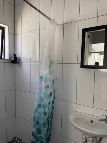 a bathroom with a shower curtain and a sink at Legacy lodge in Goodwood