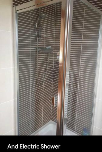 a shower with a glass door in a bathroom at Curraghchase Cottage in Limerick