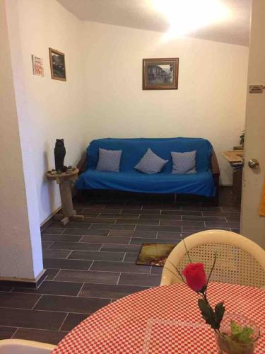 a blue couch in a living room with a table at Casa Sustentable Monarca Angangueo in Mineral de Angangueo