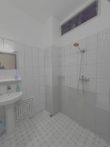 a white bathroom with a shower and a sink at Residence Mamie Léo in Abidjan