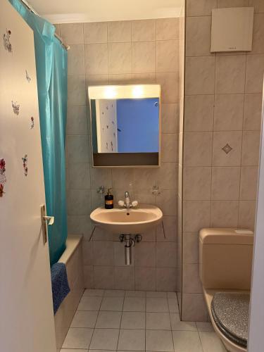 a bathroom with a sink and a toilet and a mirror at Résidence « Les Crêtes » in Torgon