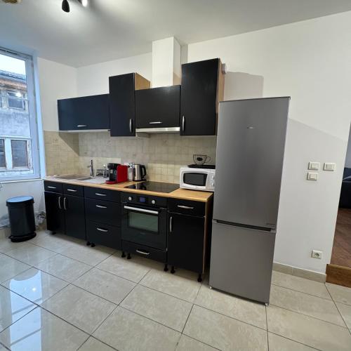 a kitchen with black cabinets and a stainless steel refrigerator at Le Nid Bressan in Bourg-en-Bresse