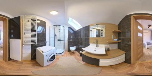 a bathroom with a sink and a shower and a toilet at Apartament Przylesie in Stężyca
