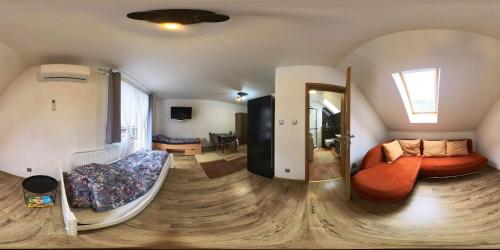 a room with a bed and a couch in a room at Apartament Przylesie in Stężyca