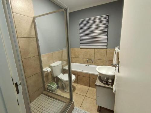a bathroom with a shower with a toilet and a sink at Stonewall Luxury Apartment in Northriding
