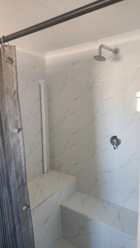 a bathroom with a shower with white marble tiles at Sand Fontein in Springbok