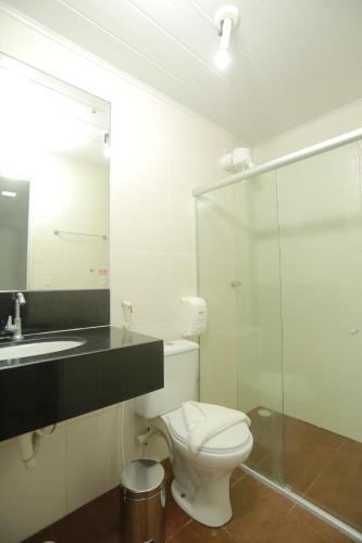 a bathroom with a toilet and a sink and a mirror at La Dolce Vita Flat & Pousada in Praia do Frances