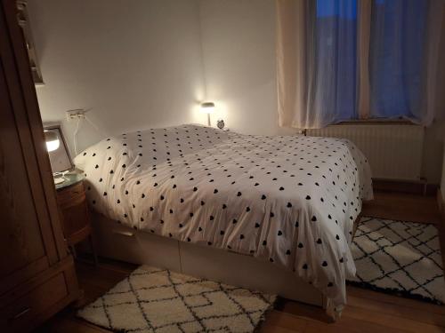 a bedroom with a bed with a black and white comforter at La Vie en Rose in Ensival