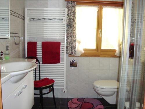 ein Bad mit einem Waschbecken, einem WC und einem Fenster in der Unterkunft La Drossa in Lenzerheide