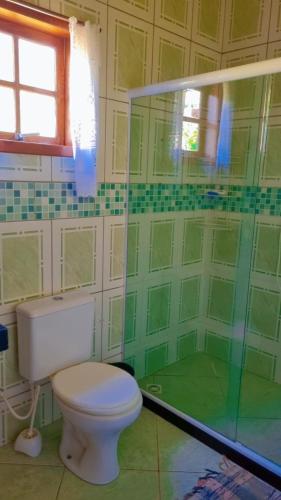a green tiled bathroom with a toilet and a shower at Sitio Ziriguidum in Nova Friburgo