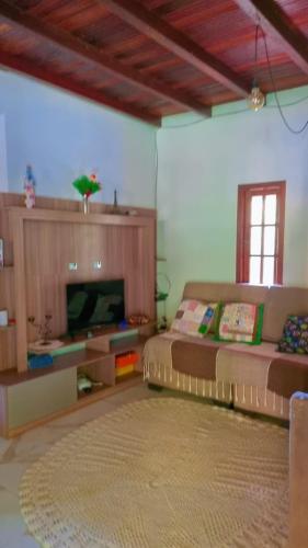 a living room with a bed and a flat screen tv at Sitio Ziriguidum in Nova Friburgo