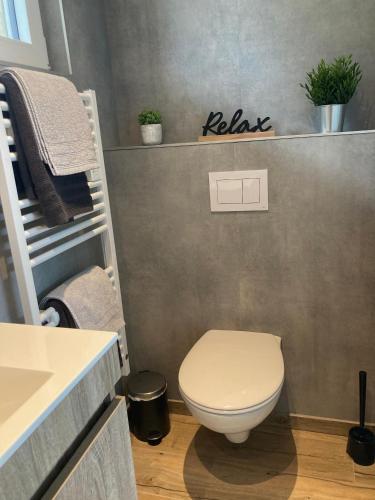 a bathroom with a toilet and a sink at Tiny House Ô Secret du Wérihay in Spa