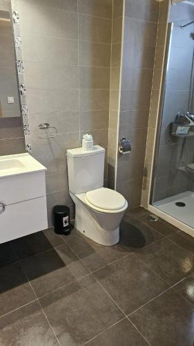 a bathroom with a toilet and a sink and a shower at Lazy Wave Apartment in Torrevieja