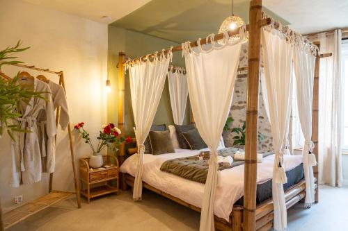a bedroom with a canopy bed with curtains at Suite Climatisé Bali SPA et sauna privé pour 2-Châteaux de la Loire in Cour-Cheverny